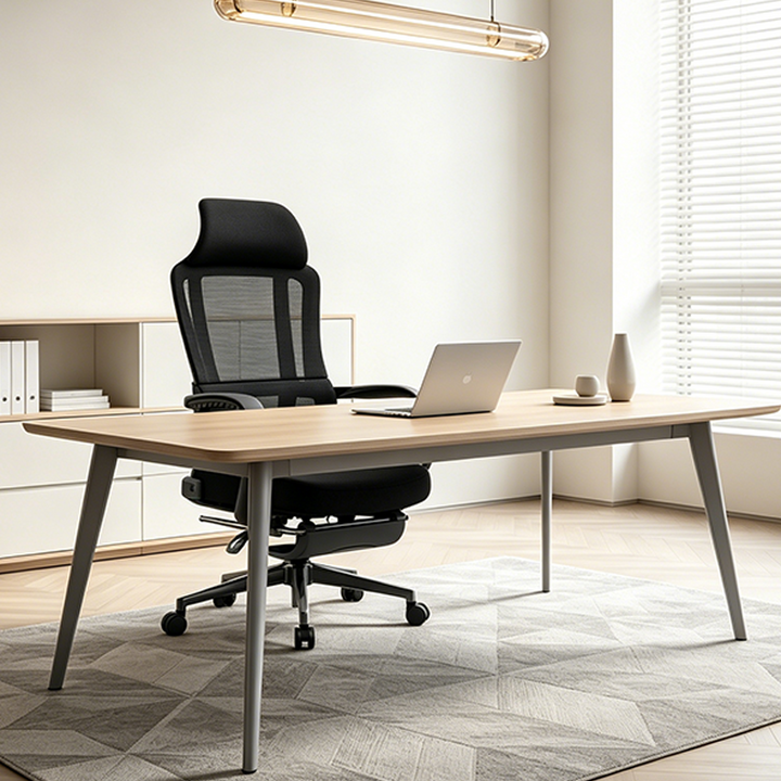 Moderner ergonomischer Executive-Bürostuhl mit Fußstütze – Schreibtischstuhl mit hoher Netzrückenlehne und 150°-Neigung fürs Homeoffice 
