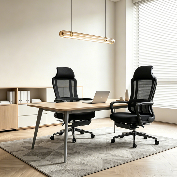 Moderner ergonomischer Executive-Bürostuhl mit Fußstütze – Schreibtischstuhl mit hoher Netzrückenlehne und 150°-Neigung fürs Homeoffice 
