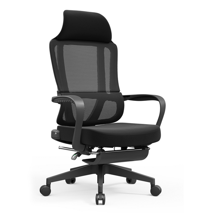 Moderner ergonomischer Executive-Bürostuhl mit Fußstütze – Schreibtischstuhl mit hoher Netzrückenlehne und 150°-Neigung fürs Homeoffice 