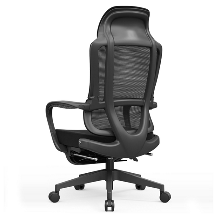 Moderner ergonomischer Executive-Bürostuhl mit Fußstütze – Schreibtischstuhl mit hoher Netzrückenlehne und 150°-Neigung fürs Homeoffice 