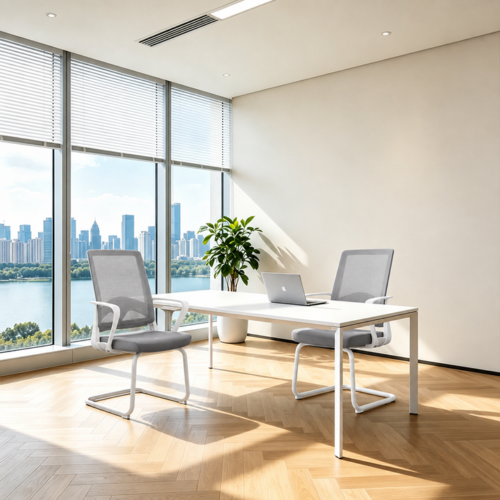 Modern White Mesh Office Chair With Cantilever Steel Frame - Minimalist Ergonomic Support Desk Chair For Home Office