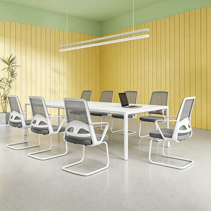 Modern White Mesh Office Chair With Cantilever Steel Frame - Minimalist Ergonomic Support Desk Chair For Home Office