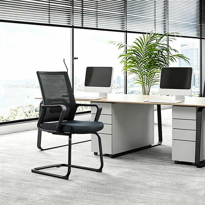 Modern Stylish Black Mesh Office Chair With Integrated Armrest - PP Lumbar Support &amp; Steel Cantilever Desk Chair For Home Office