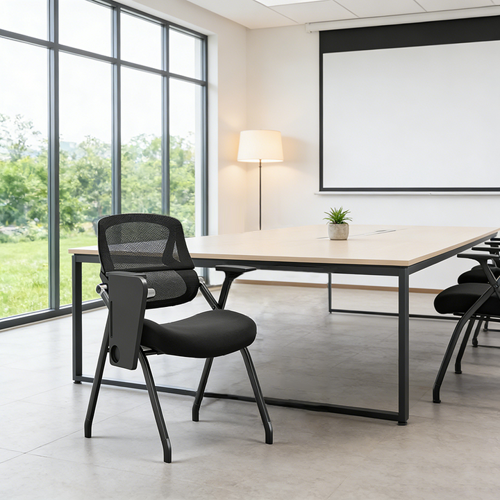 Moderner Schulungsstuhl aus Mesh mit klappbarem Sitz &amp; Schreibarm - Multifunktionaler Konferenzstuhl mit Schreibplatte fürs Homeoffice 