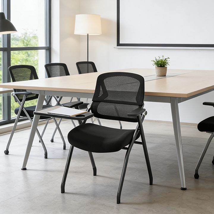 Moderner Schulungsstuhl aus Mesh mit klappbarem Sitz &amp; Schreibarm - Multifunktionaler Konferenzstuhl mit Schreibplatte fürs Homeoffice 