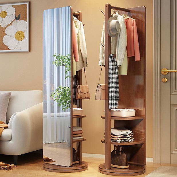 Modern Minimalist Rectangular Solid Wood Rotatable Movable Hall Tree With Mirror &amp; 3-Tier Storage For Bedroom &amp; Entryways
