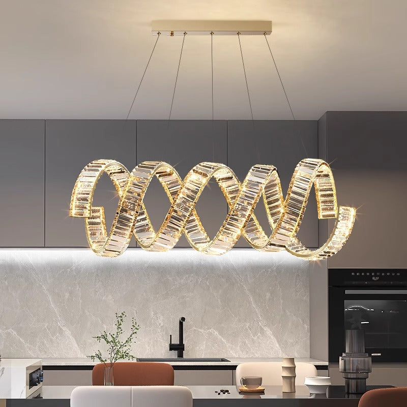 Modern Luxury Stainless Steel Crystal Double Loop Wave LED Chandelier For Dining Room
