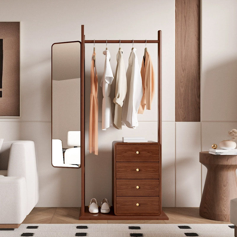 All-In-One Solid Ash &amp; Rubber Wood Hall Tree - Combined Mirror 4-Tier Storage Cabinet Hanging Rack For Bedroom &amp; Entryway