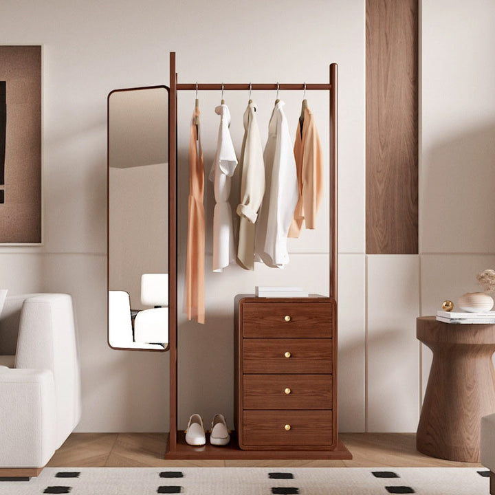 All-In-One Solid Ash & Rubber Wood Hall Tree - Combined Mirror 4-Tier Storage Cabinet Hanging Rack For Bedroom & Entryway