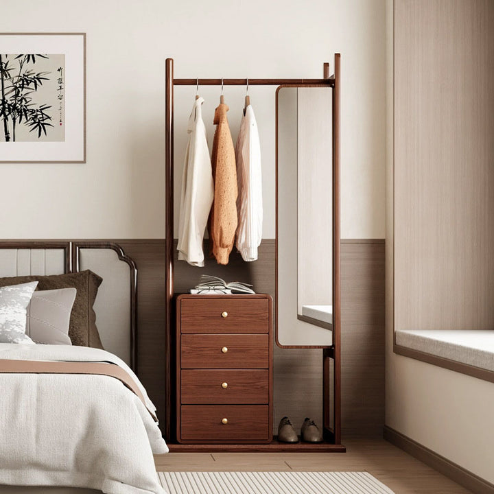All-In-One Solid Ash & Rubber Wood Hall Tree - Combined Mirror 4-Tier Storage Cabinet Hanging Rack For Bedroom & Entryway