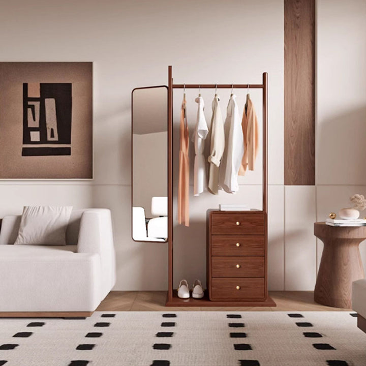 All-In-One Solid Ash & Rubber Wood Hall Tree - Combined Mirror 4-Tier Storage Cabinet Hanging Rack For Bedroom & Entryway