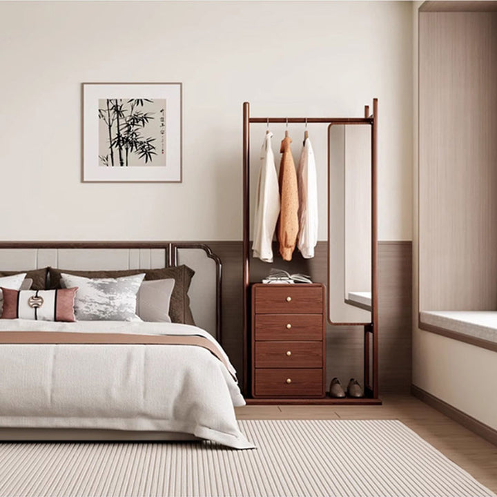 All-In-One Solid Ash &amp; Rubber Wood Hall Tree - Combined Mirror 4-Tier Storage Cabinet Hanging Rack For Bedroom &amp; Entryway