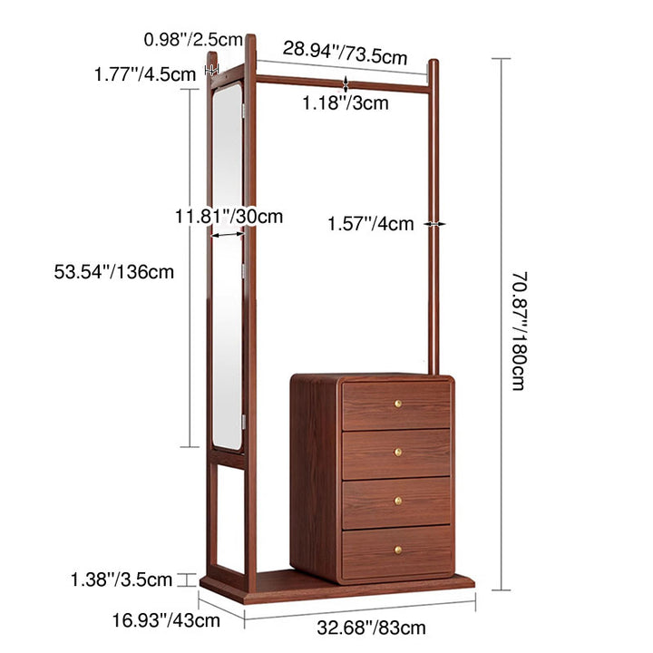 All-In-One Solid Ash & Rubber Wood Hall Tree - Combined Mirror 4-Tier Storage Cabinet Hanging Rack For Bedroom & Entryway