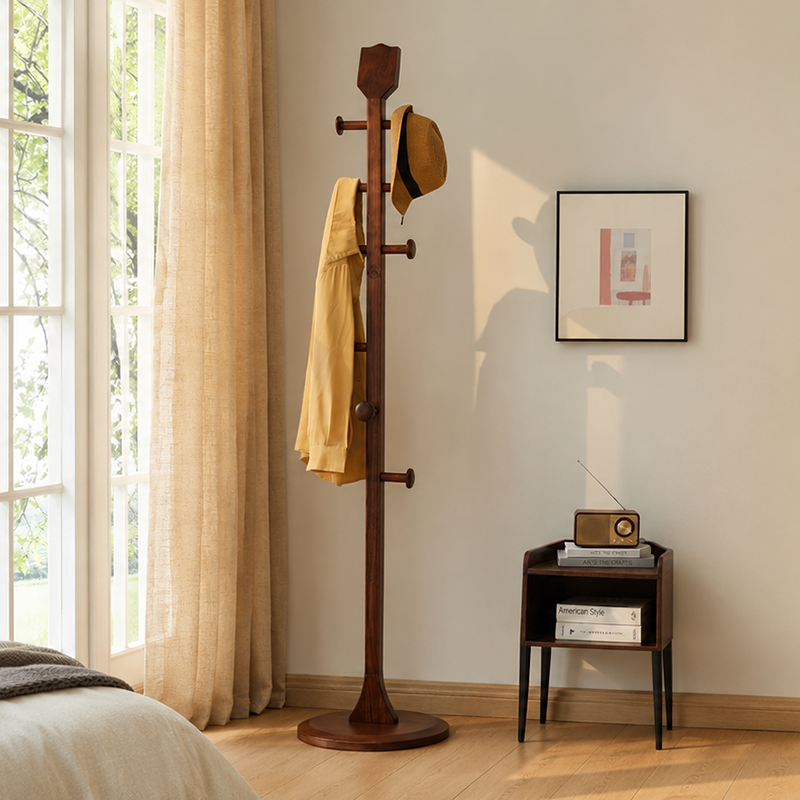 Chinese Pipa-Shaped Solid Ash Wood Hall Tree - Round Base Freestanding Coat Rack For Entryway