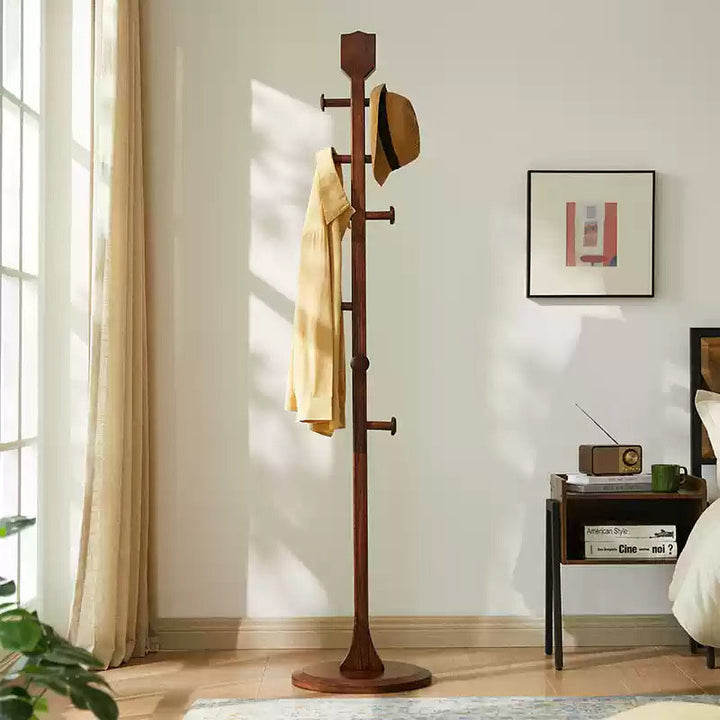 Chinese Pipa-Shaped Solid Ash Wood Hall Tree - Round Base Freestanding Coat Rack For Entryway