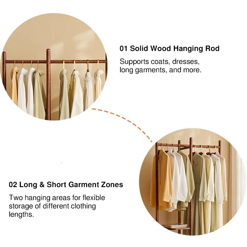 Minimalist Freestanding Wood Coat Rack Stand - Dual Garment Hanging Areas Adjustable Hall Tree For Entryway