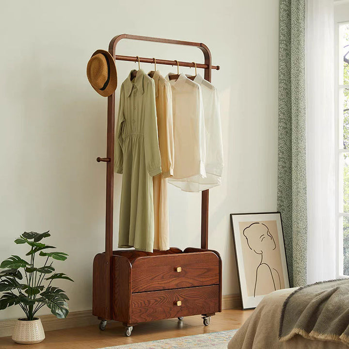 Traditional Chinese Solid Ash Wood Rolling Hall Tree - 2-Tier Drawer Hanging Rod Storage Coat Stand For Bedroom & Entryway