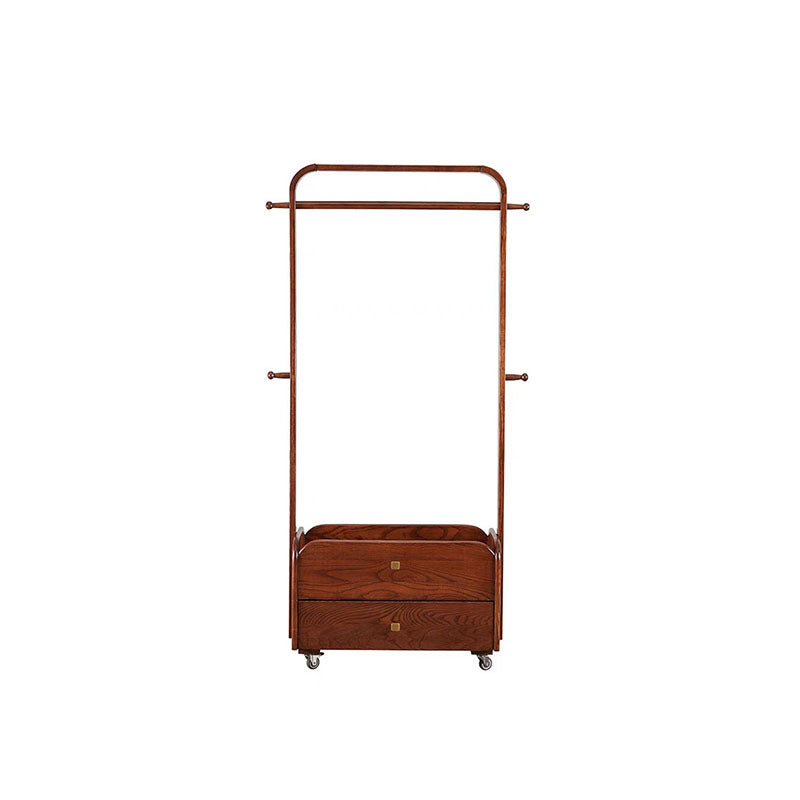 Traditional Chinese Solid Ash Wood Rolling Hall Tree - 2-Tier Drawer Hanging Rod Storage Coat Stand For Bedroom &amp; Entryway