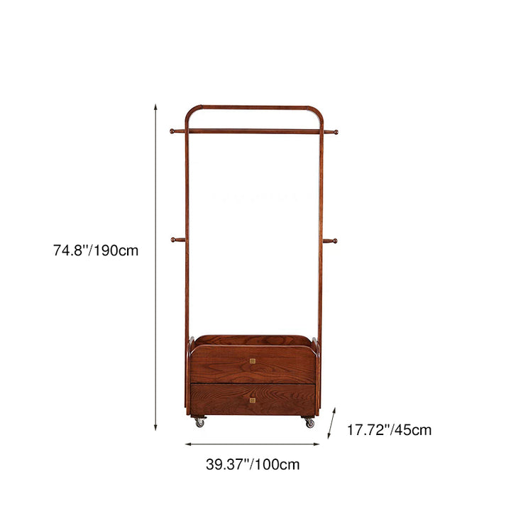 Traditional Chinese Solid Ash Wood Rolling Hall Tree - 2-Tier Drawer Hanging Rod Storage Coat Stand For Bedroom & Entryway