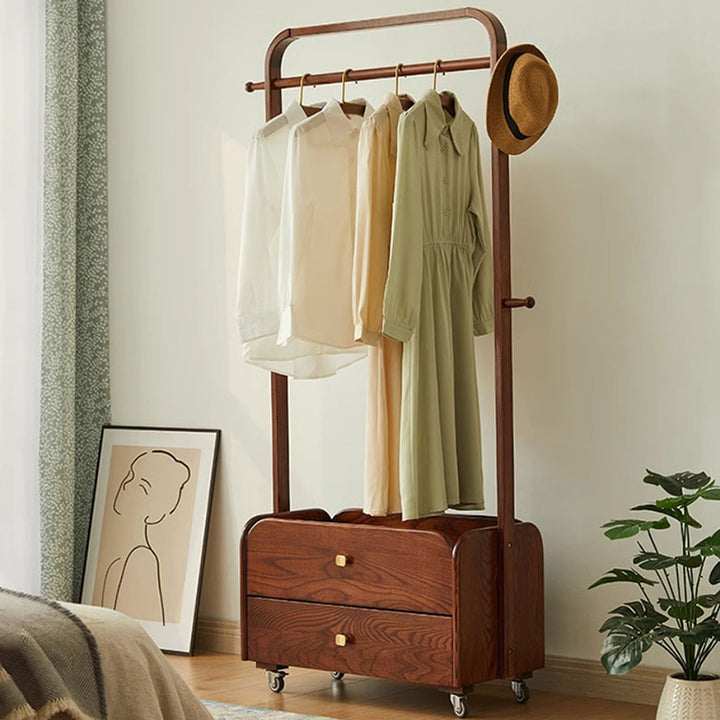 Traditional Chinese Solid Ash Wood Rolling Hall Tree - 2-Tier Drawer Hanging Rod Storage Coat Stand For Bedroom & Entryway