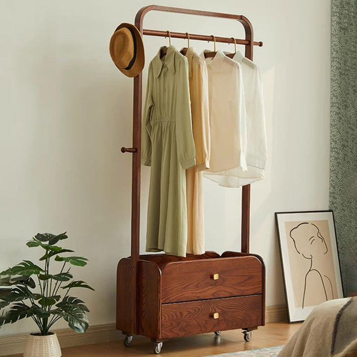 Traditional Chinese Solid Ash Wood Rolling Hall Tree - 2-Tier Drawer Hanging Rod Storage Coat Stand For Bedroom &amp; Entryway