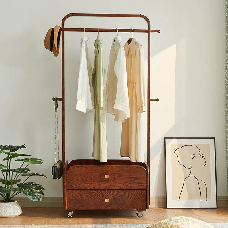 Traditional Chinese Solid Ash Wood Rolling Hall Tree - 2-Tier Drawer Hanging Rod Storage Coat Stand For Bedroom &amp; Entryway