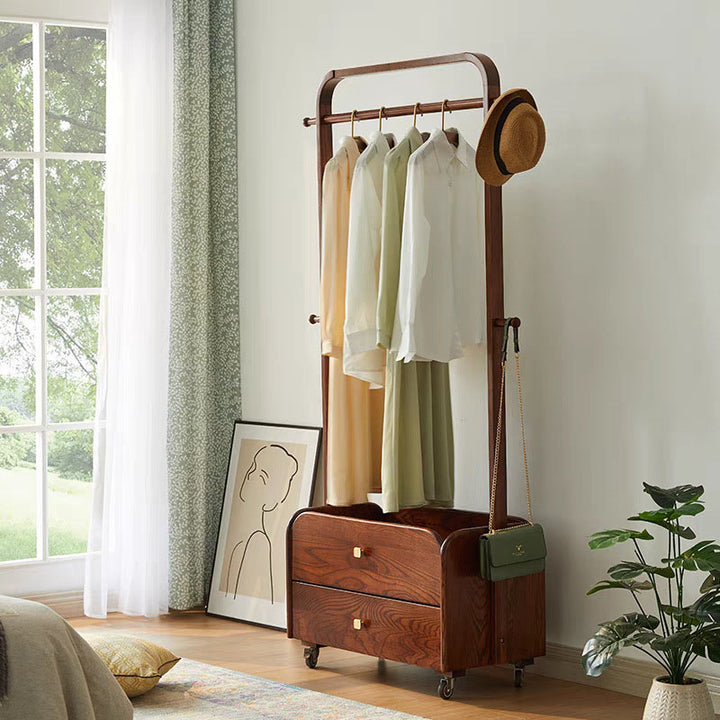 Traditional Chinese Solid Ash Wood Rolling Hall Tree - 2-Tier Drawer Hanging Rod Storage Coat Stand For Bedroom &amp; Entryway
