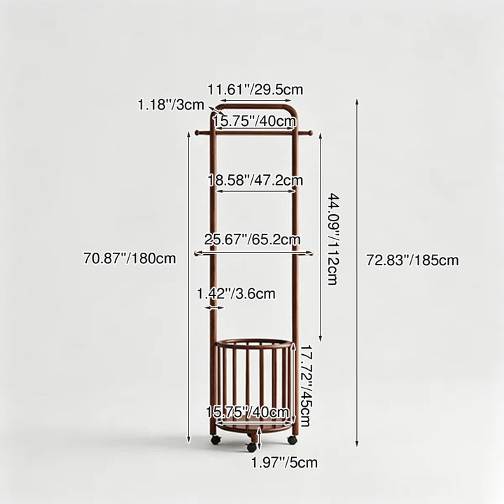 Minimalist Solid Ash Wood Rolling Coat Rack - Freestanding Garment Stand Open Slatted Basket For Entryway