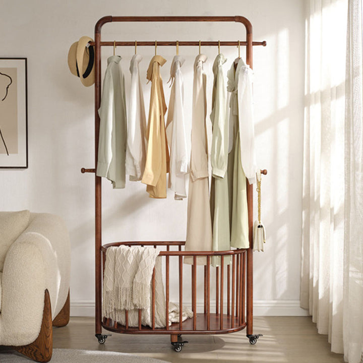 Minimalist Movable Freestanding Rolling Coat Rack - Eco Clear Finish Ash Wood Garment Hall Tree For Bedroom & Entryway