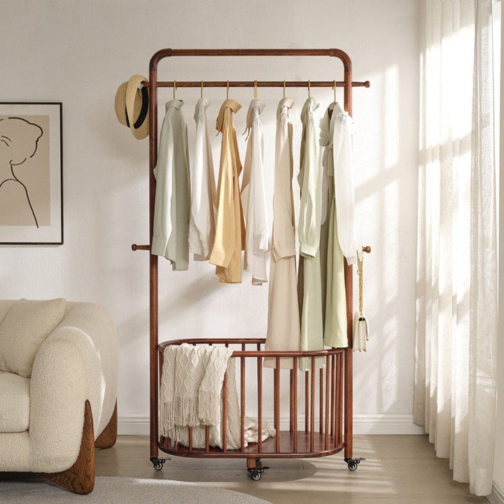 Minimalist Movable Freestanding Rolling Coat Rack - Eco Clear Finish Ash Wood Garment Hall Tree For Bedroom & Entryway