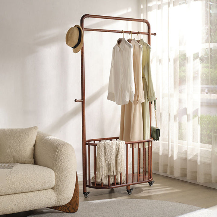 Minimalist Movable Freestanding Rolling Coat Rack - Eco Clear Finish Ash Wood Garment Hall Tree For Bedroom & Entryway