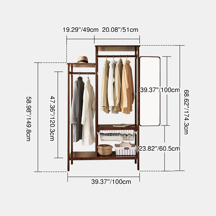 All Solid Wood Entryway Hall Tree - Rotatable Mirror & Pull Basket Freestanding Garment Organizer Coat Stand For Bedroom