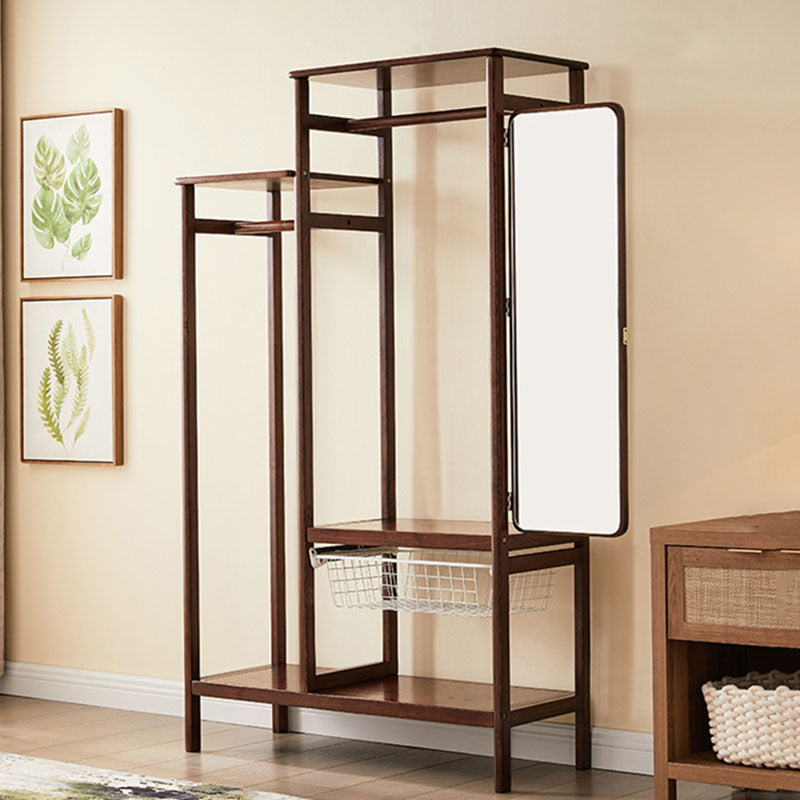 All Solid Wood Entryway Hall Tree - Rotatable Mirror &amp; Pull Basket Freestanding Garment Organizer Coat Stand For Bedroom