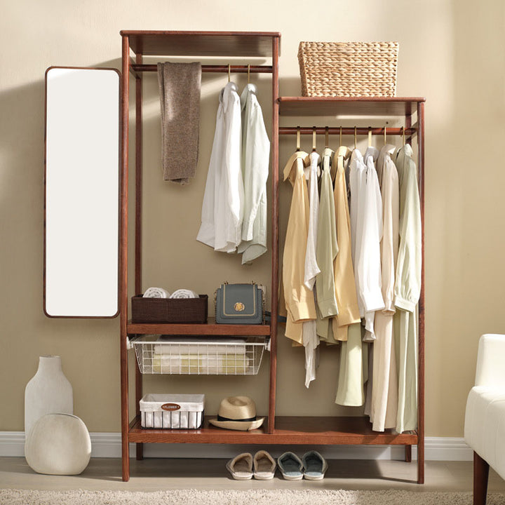 All Solid Wood Entryway Hall Tree - Rotatable Mirror & Pull Basket Freestanding Garment Organizer Coat Stand For Bedroom