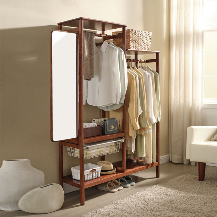 All Solid Wood Entryway Hall Tree - Rotatable Mirror & Pull Basket Freestanding Garment Organizer Coat Stand For Bedroom