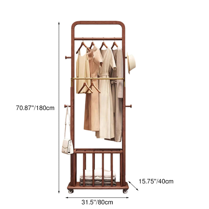 Traditional Chinese Solid Ash Wood Rolling Coat Rack - Dual Hanging Rods With Storage Basket & Silent Casters For Bedroom