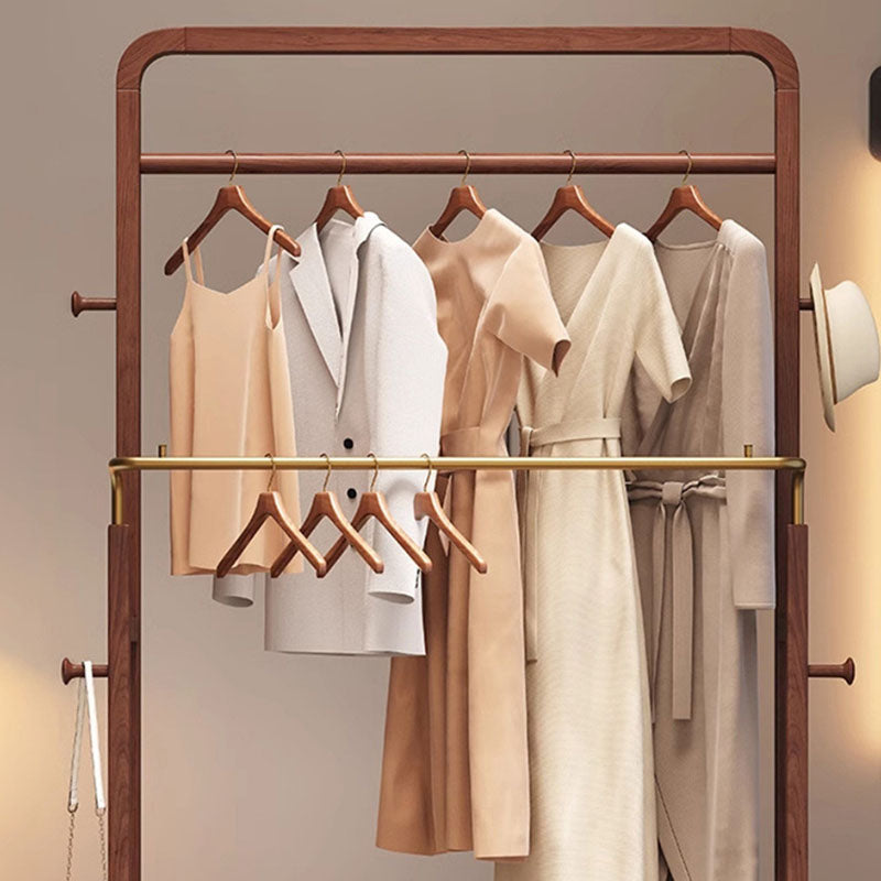 Traditional Chinese Solid Ash Wood Rolling Coat Rack - Dual Hanging Rods With Storage Basket &amp; Silent Casters For Bedroom