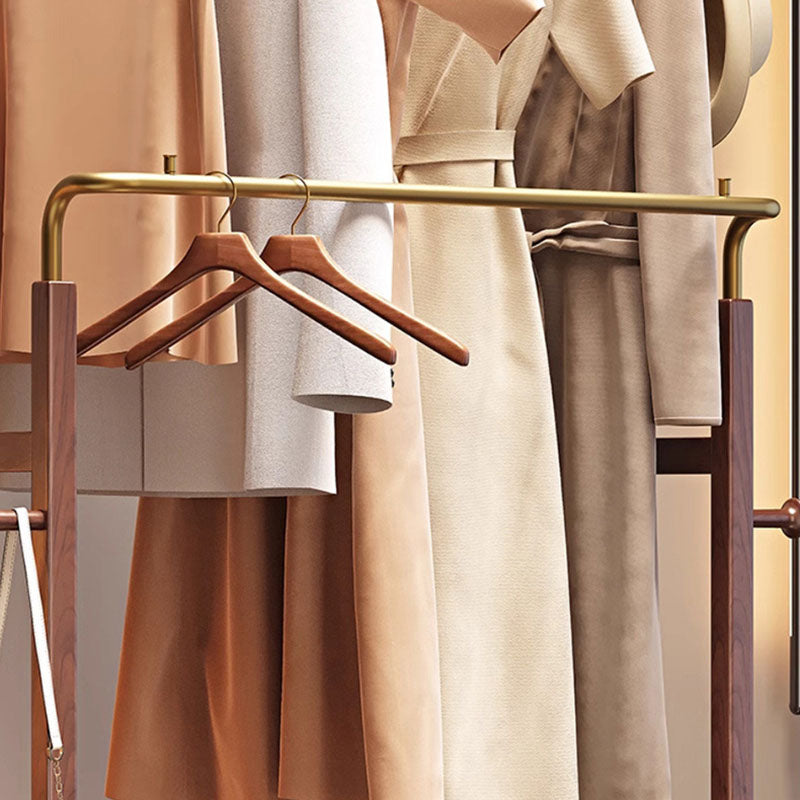 Traditional Chinese Solid Ash Wood Rolling Coat Rack - Dual Hanging Rods With Storage Basket &amp; Silent Casters For Bedroom