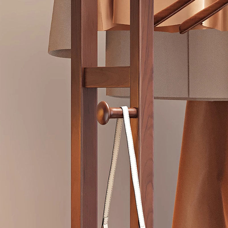 Traditional Chinese Solid Ash Wood Rolling Coat Rack - Dual Hanging Rods With Storage Basket &amp; Silent Casters For Bedroom