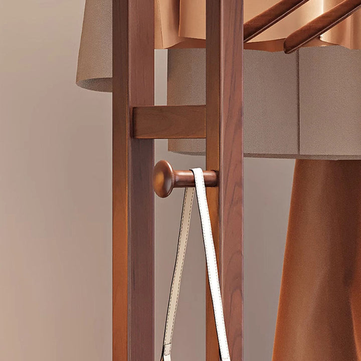 Traditional Chinese Solid Ash Wood Rolling Coat Rack - Dual Hanging Rods With Storage Basket &amp; Silent Casters For Bedroom