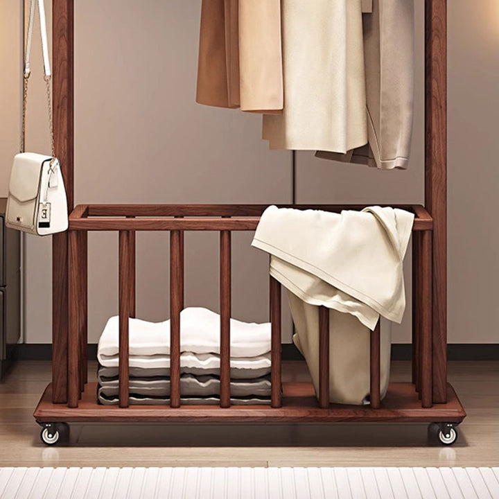 Traditional Chinese Solid Ash Wood Rolling Coat Rack - Dual Hanging Rods With Storage Basket &amp; Silent Casters For Bedroom