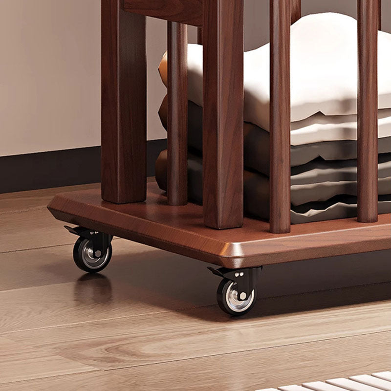 Traditional Chinese Solid Ash Wood Rolling Coat Rack - Dual Hanging Rods With Storage Basket &amp; Silent Casters For Bedroom