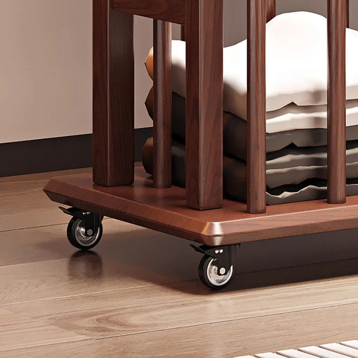 Traditional Chinese Solid Ash Wood Rolling Coat Rack - Dual Hanging Rods With Storage Basket &amp; Silent Casters For Bedroom