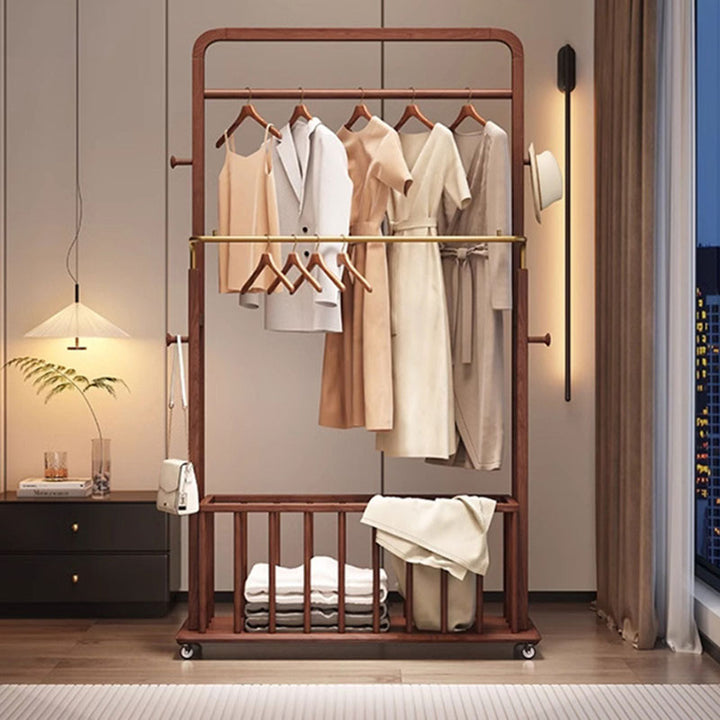 Traditional Chinese Solid Ash Wood Rolling Coat Rack - Dual Hanging Rods With Storage Basket &amp; Silent Casters For Bedroom
