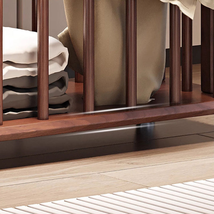 Traditional Chinese Solid Ash Wood Rolling Coat Rack - Dual Hanging Rods With Storage Basket &amp; Silent Casters For Bedroom