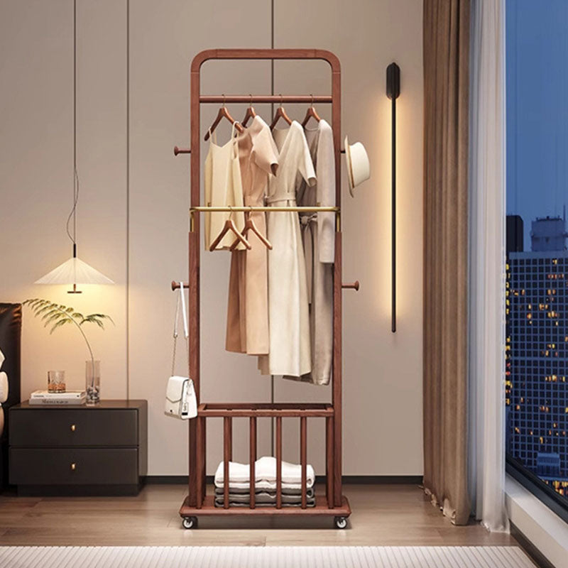 Traditional Chinese Solid Ash Wood Rolling Coat Rack - Dual Hanging Rods With Storage Basket &amp; Silent Casters For Bedroom
