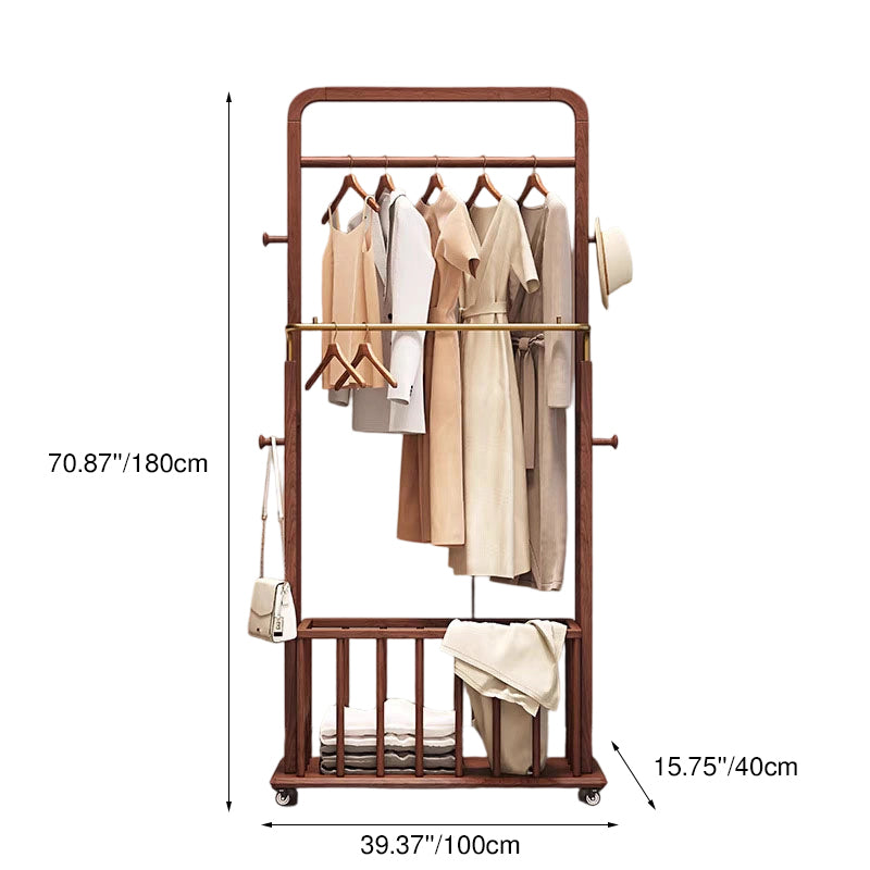 Traditional Chinese Solid Ash Wood Rolling Coat Rack - Dual Hanging Rods With Storage Basket &amp; Silent Casters For Bedroom
