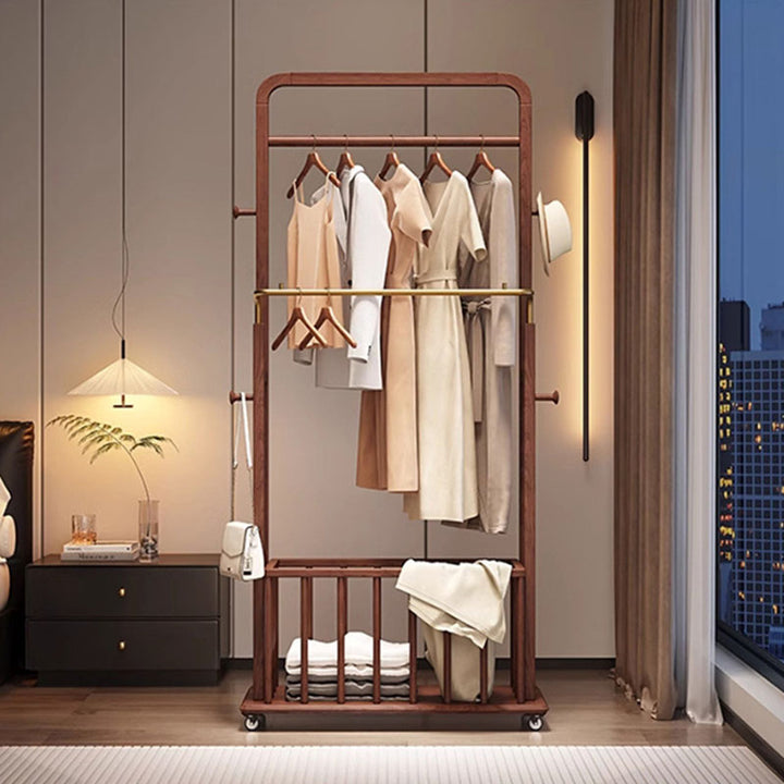 Traditional Chinese Solid Ash Wood Rolling Coat Rack - Dual Hanging Rods With Storage Basket &amp; Silent Casters For Bedroom