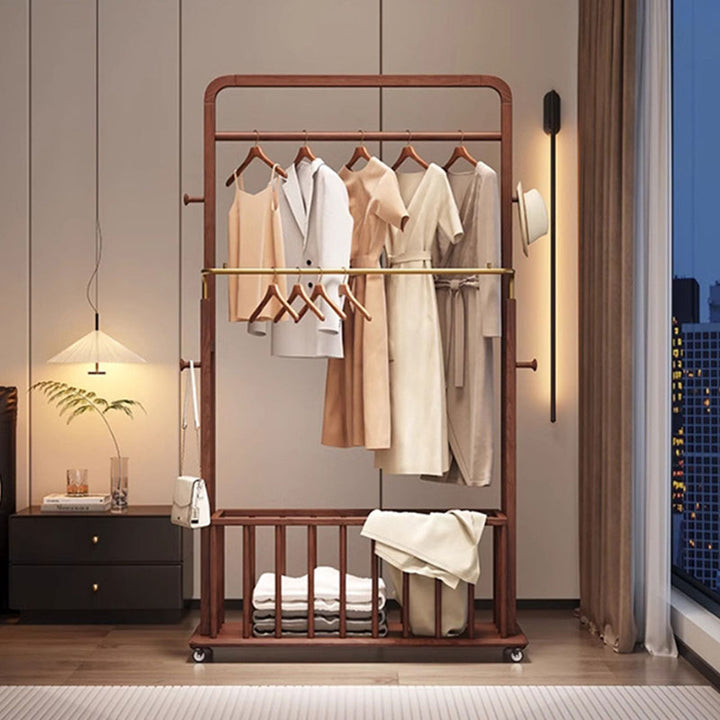Traditional Chinese Solid Ash Wood Rolling Coat Rack - Dual Hanging Rods With Storage Basket &amp; Silent Casters For Bedroom
