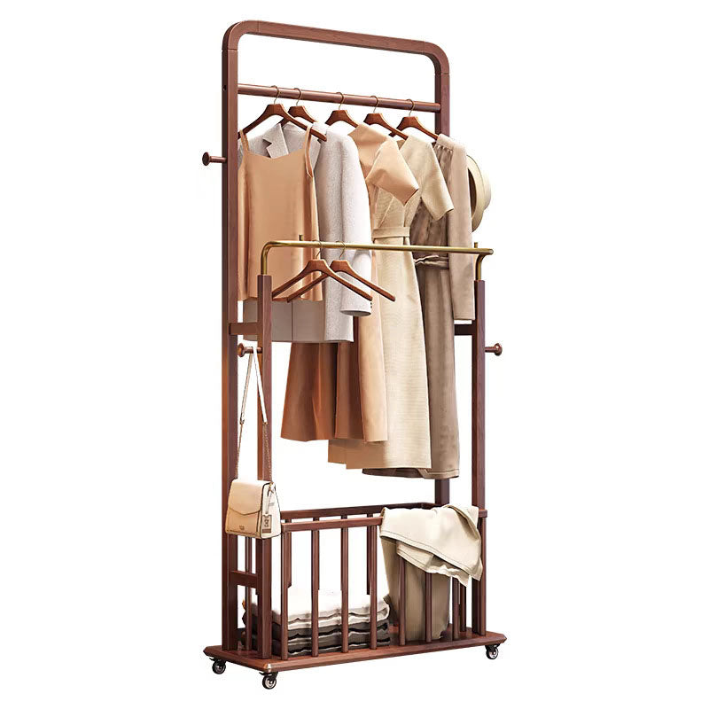 Traditional Chinese Solid Ash Wood Rolling Coat Rack - Dual Hanging Rods With Storage Basket &amp; Silent Casters For Bedroom